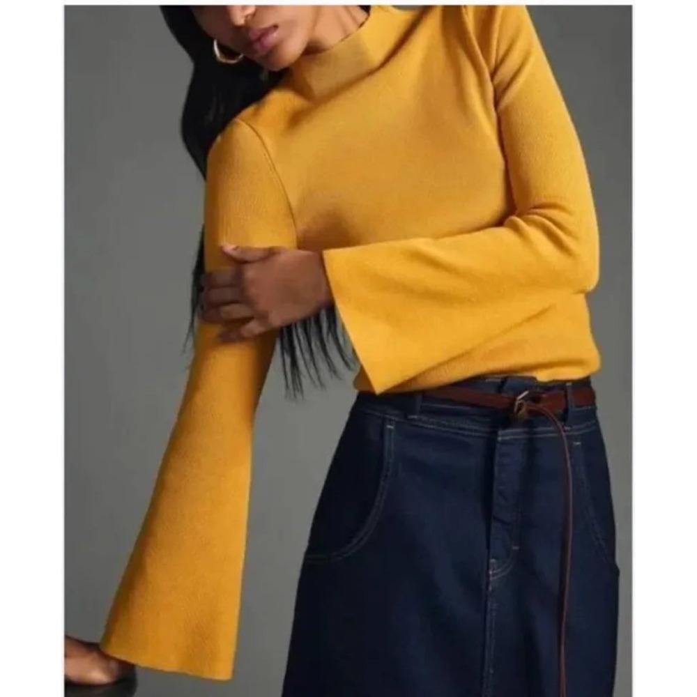 Maeve Anthropologie Arlowe Mustard Yellow Mock Neck Bell Sleeve Sweater Medium